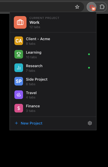 Slate popup with the project switcher